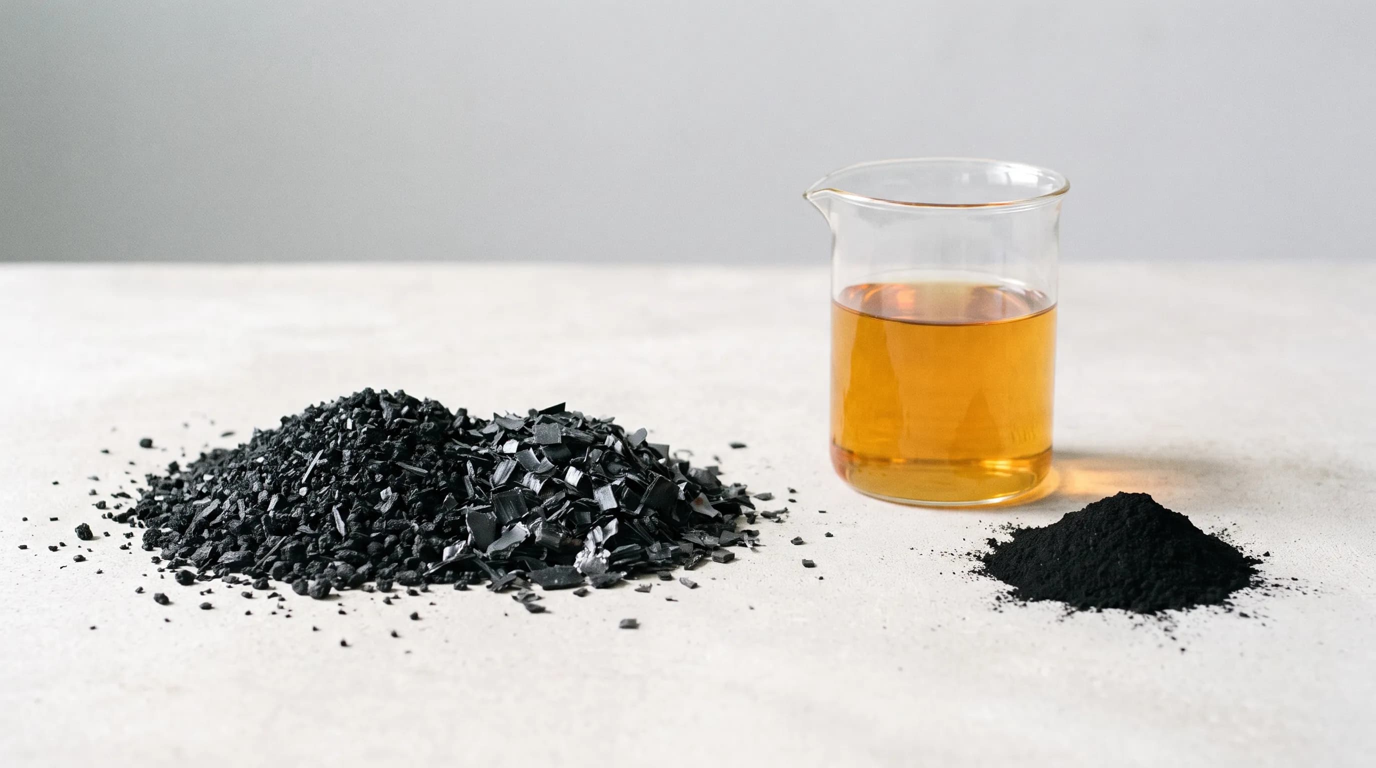 Shredded plastic and rubber feedstock beside the two pyrolysis outputs: fuel oil and carbon black